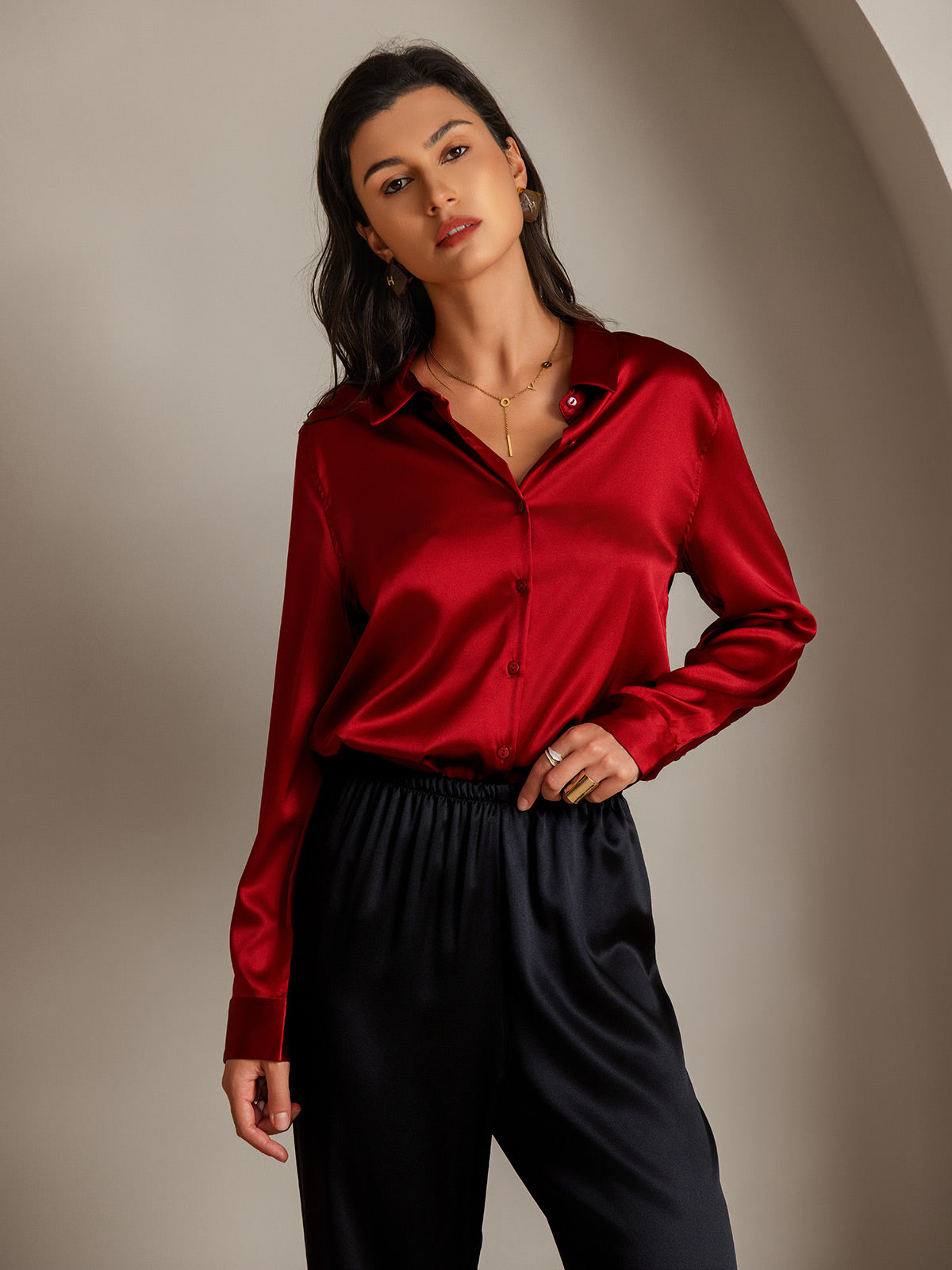 [Red] SilkSilky-UK Silk Collar Women's Shirt 004