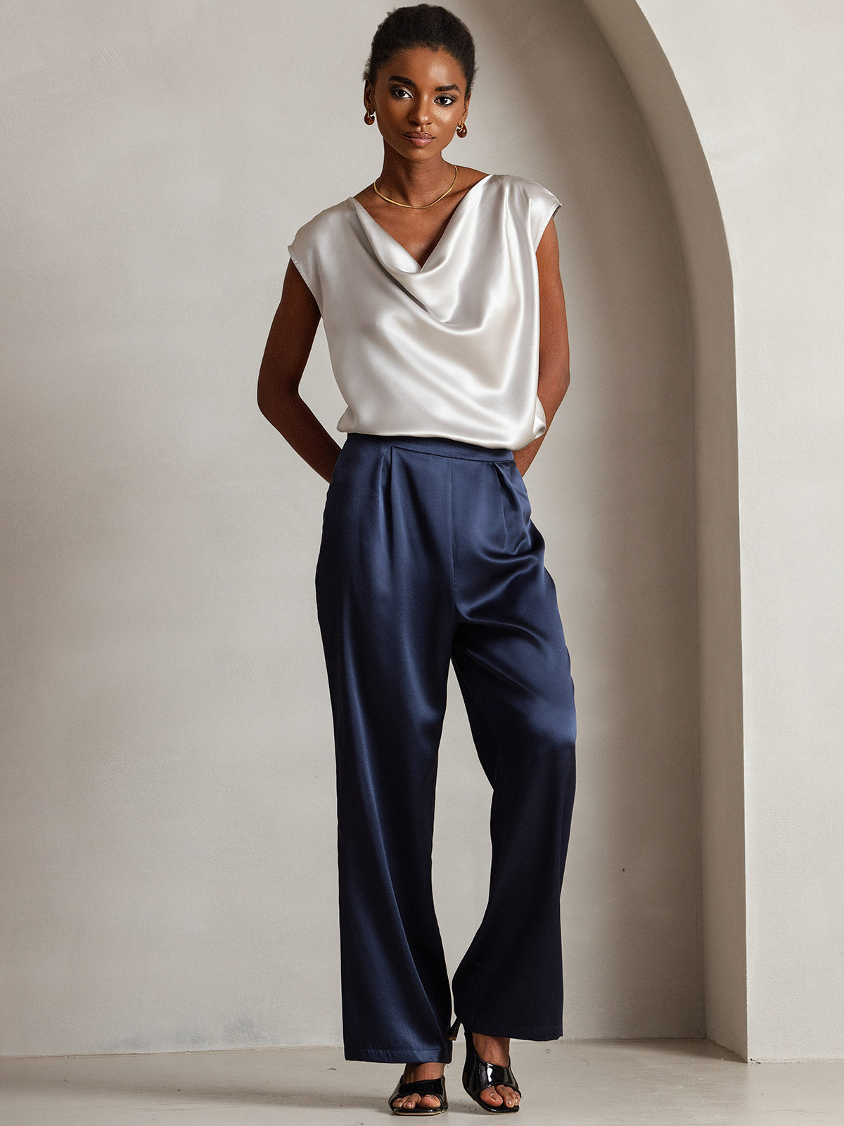 [Light Gray] SilkSilky-UK 19Momme Silk Cap Sleeve Cowl Neck Women's T-Shirt 006