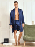 SilkSilky UK Pure Silk 3/4 Sleeve Lapel Men's Dressing Gown DarkBlue 003