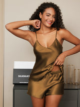 [Coffee] SilkSilky-UK Spaghetti Strap V Neck Camisole Set 001