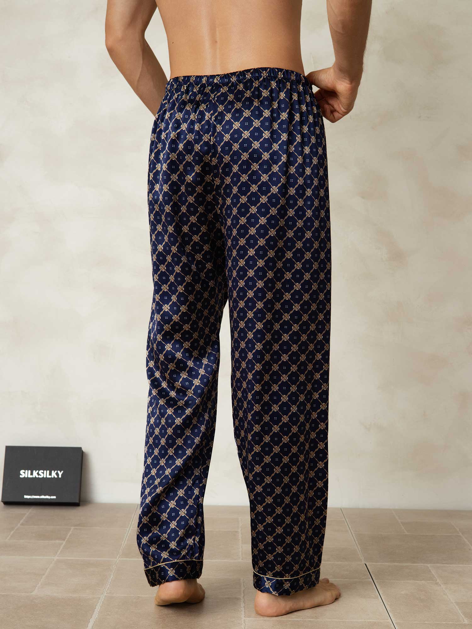 [Navy Chain] SilkSilky-UK Pure Silk Mens Sleep Bottoms 002