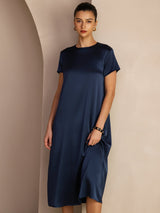 [Dark Blue] SilkSilky-UK Short Sleeve Round Neck Dress 006