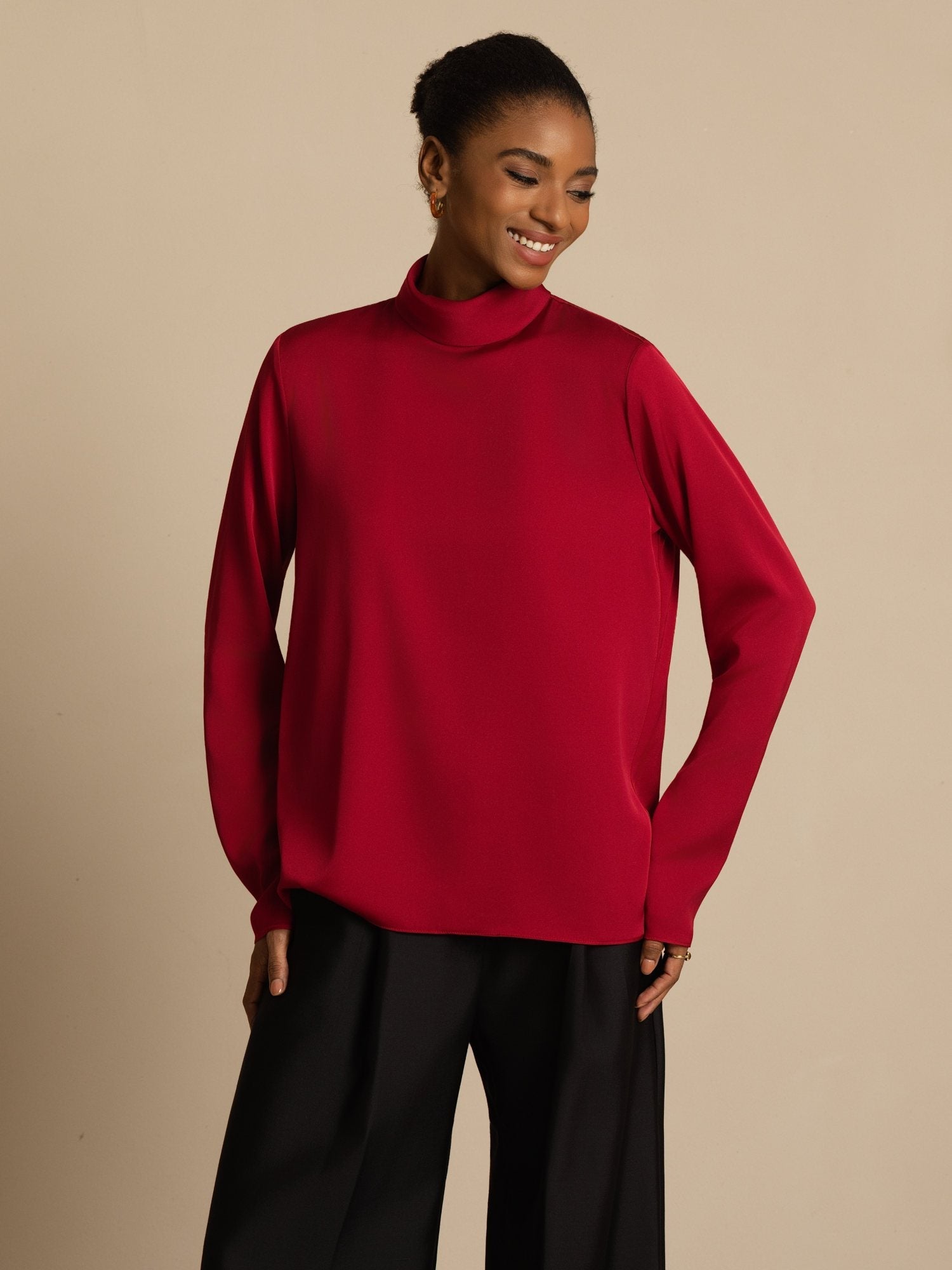 [Wine] SilkSilky-UK 19Momme Silk Long Sleeve Turtle Neck Women's T-Shirt 005