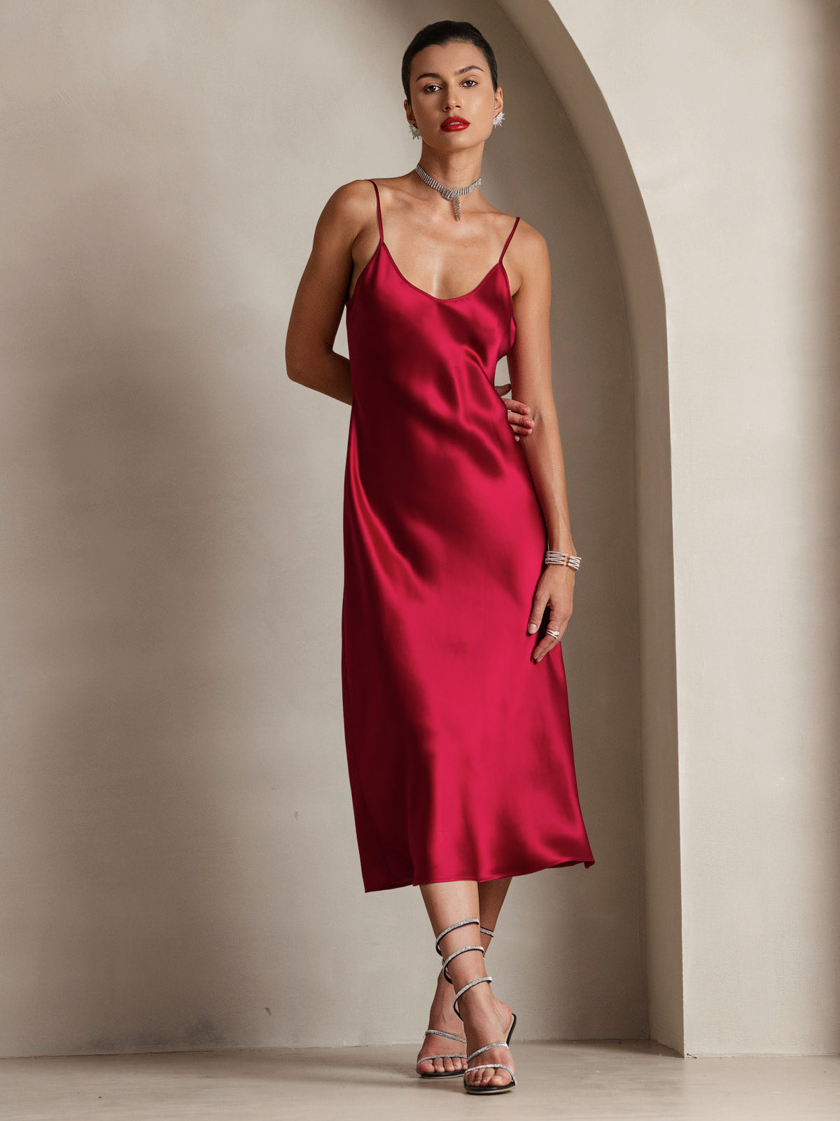 [Wine] SilkSilky-UK Spaghetti Strap V Neck Dress 001