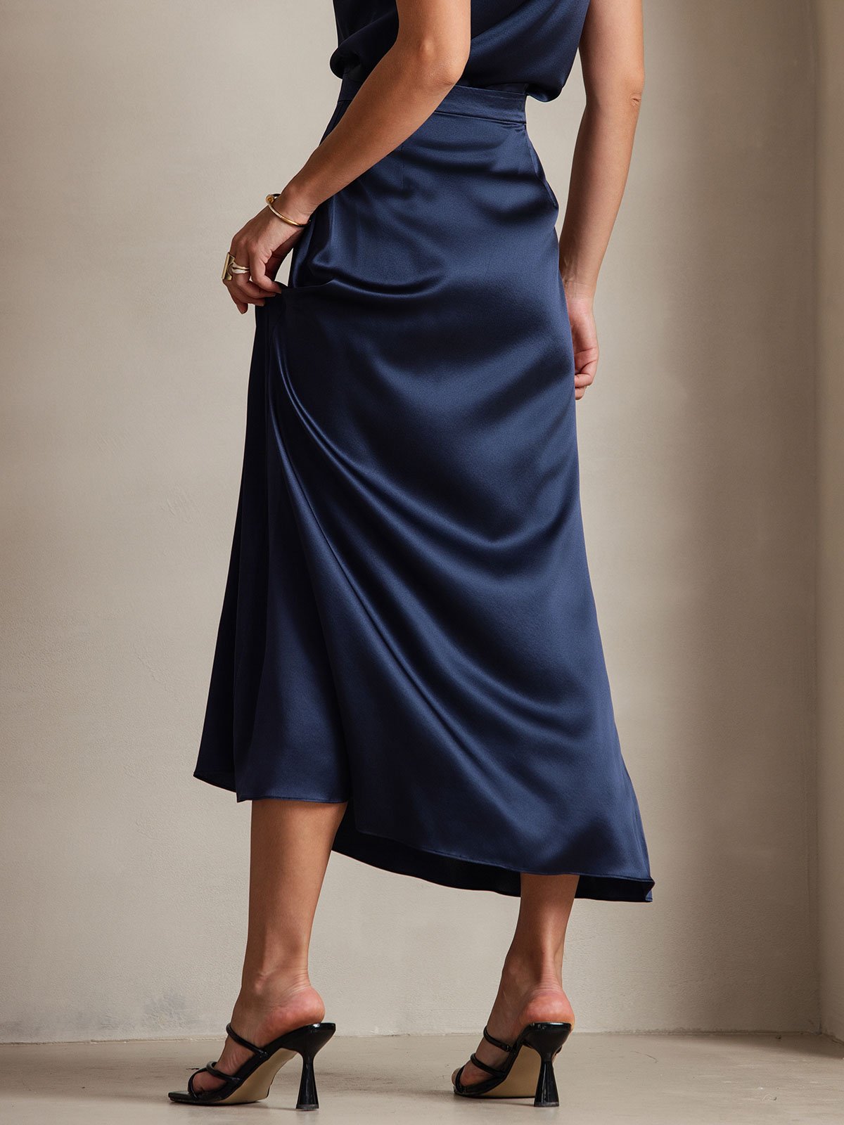 [Dark Blue] SilkSilky-UK 19Momme Stretch Silk Charmeuse Skirt 002
