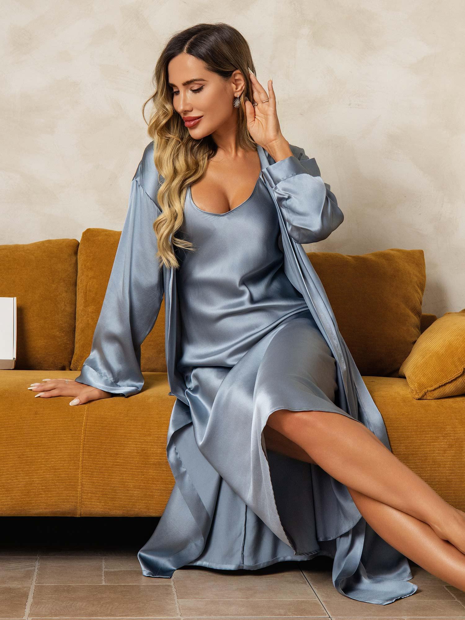 [GrayishBlue] SilkSilky-UK Pure Silk V Neck Nightdress&Dressing gowns 009
