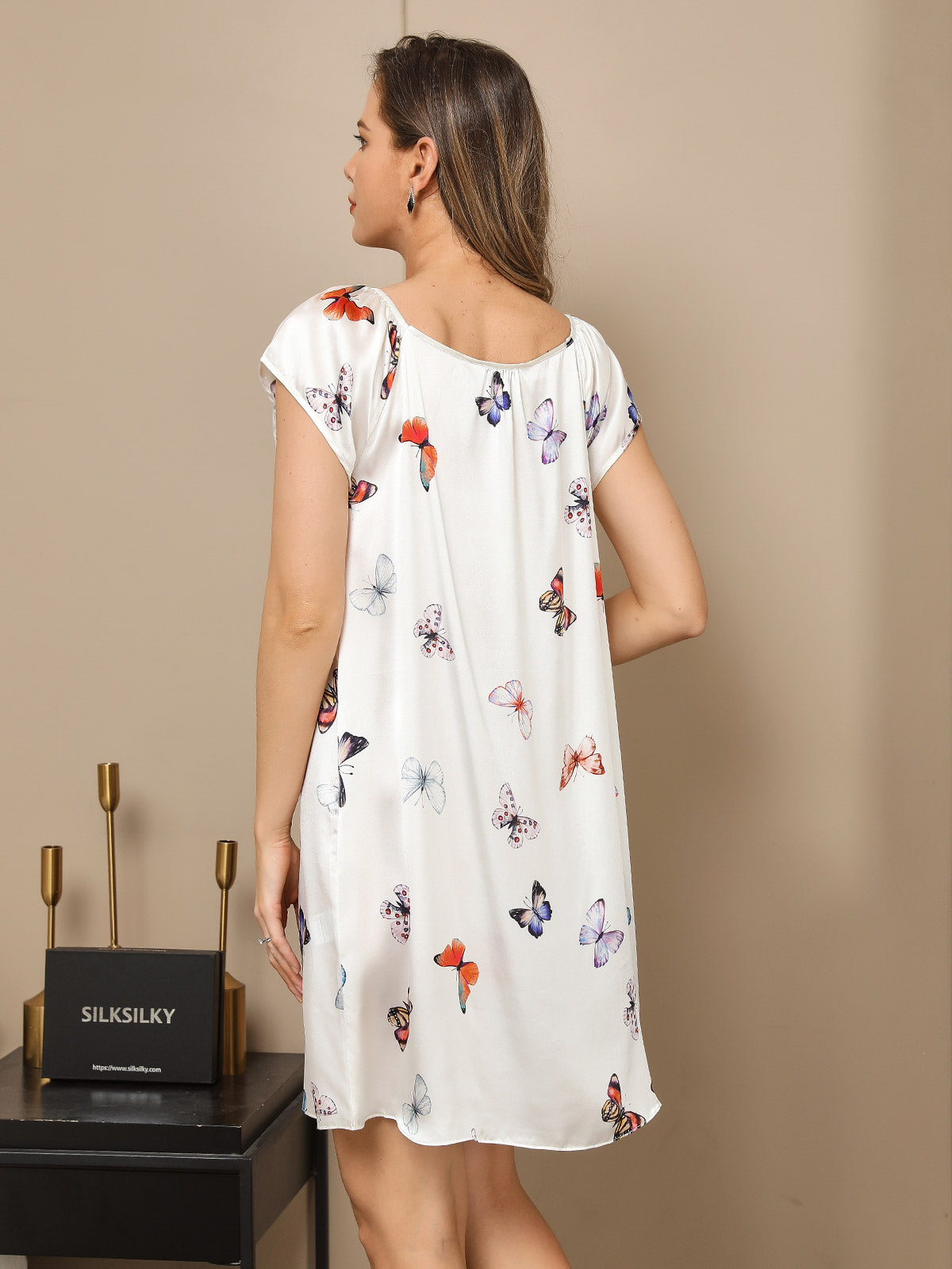 [White Butterfly] SilkSilky-UK Pure Silk Tie Neck Nightdress 007