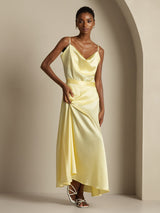 [Light Yellow] SilkSilky-UK 19Momme Stretch Silk Charmeuse Spaghetti Strap Cowl Neck Women''s Outfit Sets 005