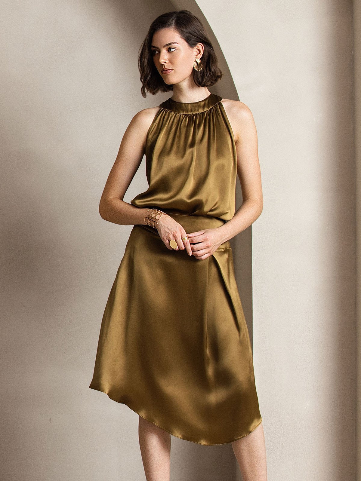 [Brown] SilkSilky-UK 19Momme Silk Sleeveless Halter Neck Women's T-Shirt 007