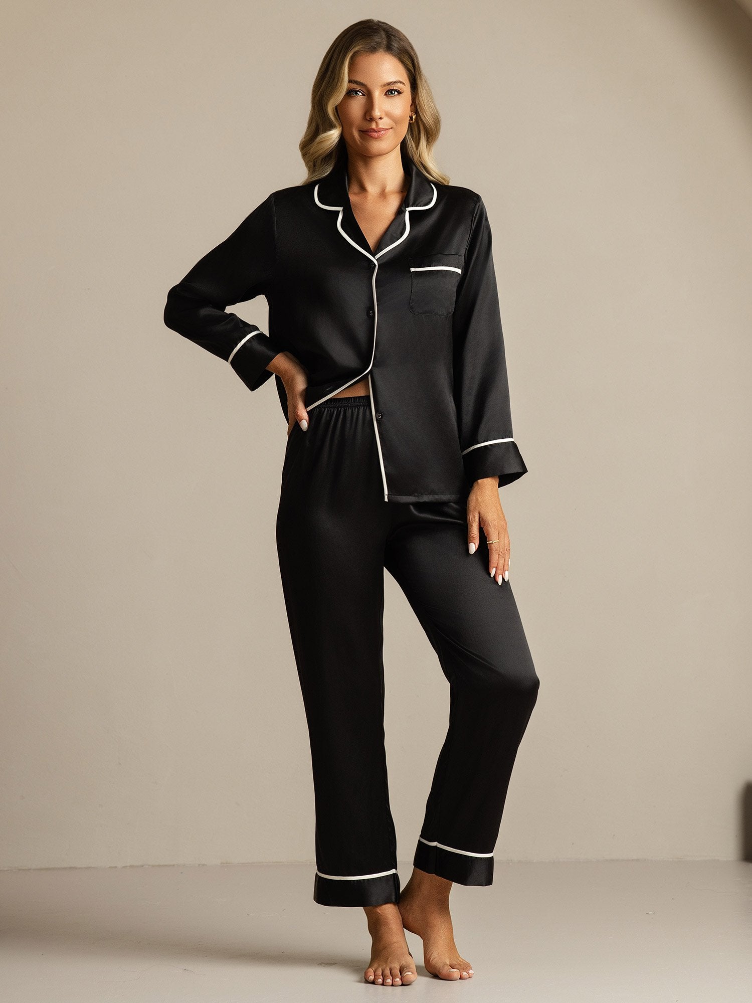 [Black] SilkSilky-UK Pure Silk Collar Women's Pyjamas 006