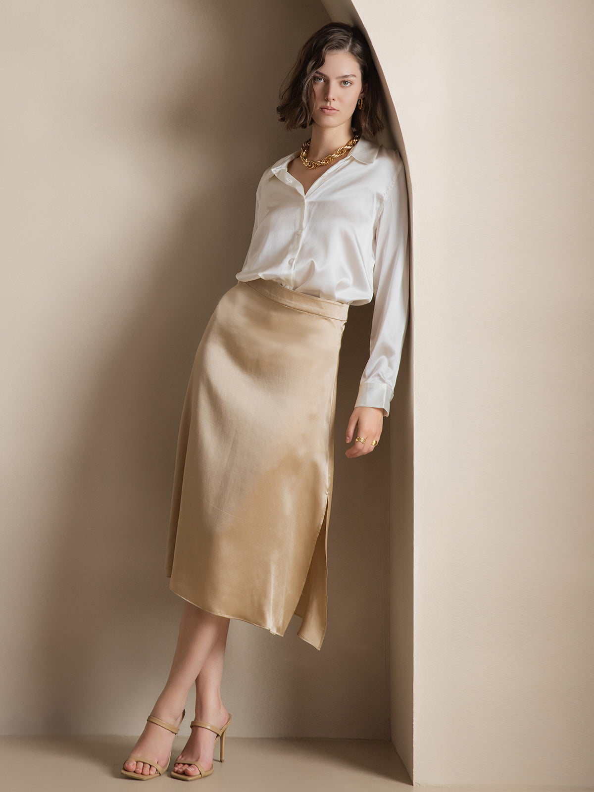 [White] SilkSilky-UK Silk Long Sleeve Collar Women's Shirt 008