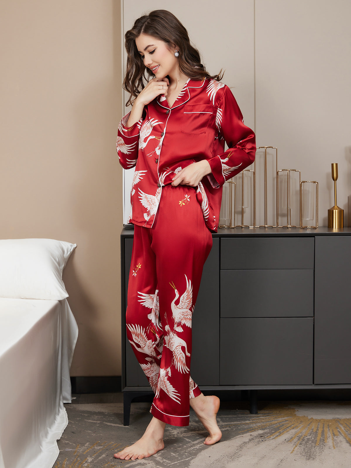 SilkSilky-UK 19Momme Pure Silk Long Sleeve Lapel Women's Pyjamas DarkRed 004