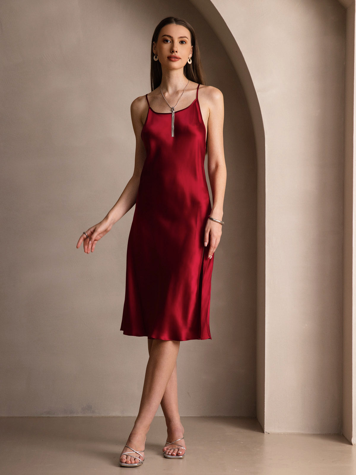 [Wine] SilkSilky-UK Pure Silk Round Neck Dress 005
