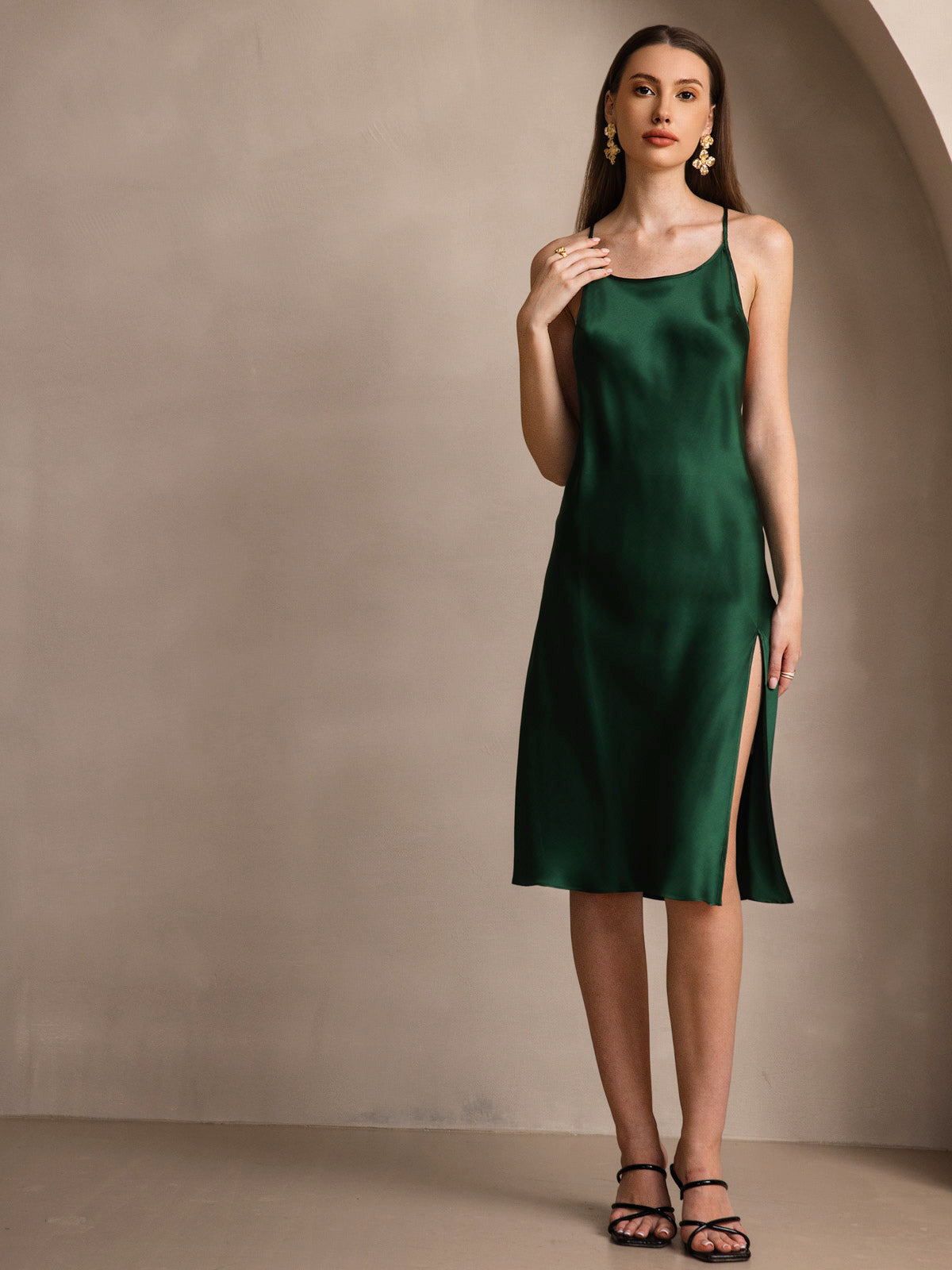 [Dark Green] SilkSilky-UK Pure Silk Round Neck Dress 004