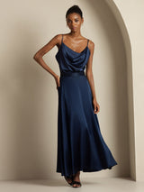 [Dark Blue] SilkSilky-UK 19Momme Stretch Silk Charmeuse Spaghetti Strap Cowl Neck Women''s Outfit Sets 007