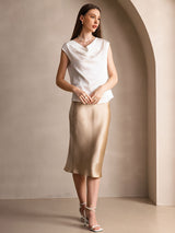 [White] SilkSilky-UK Cap Sleeve Cowl Neck Women's T-Shirt 007