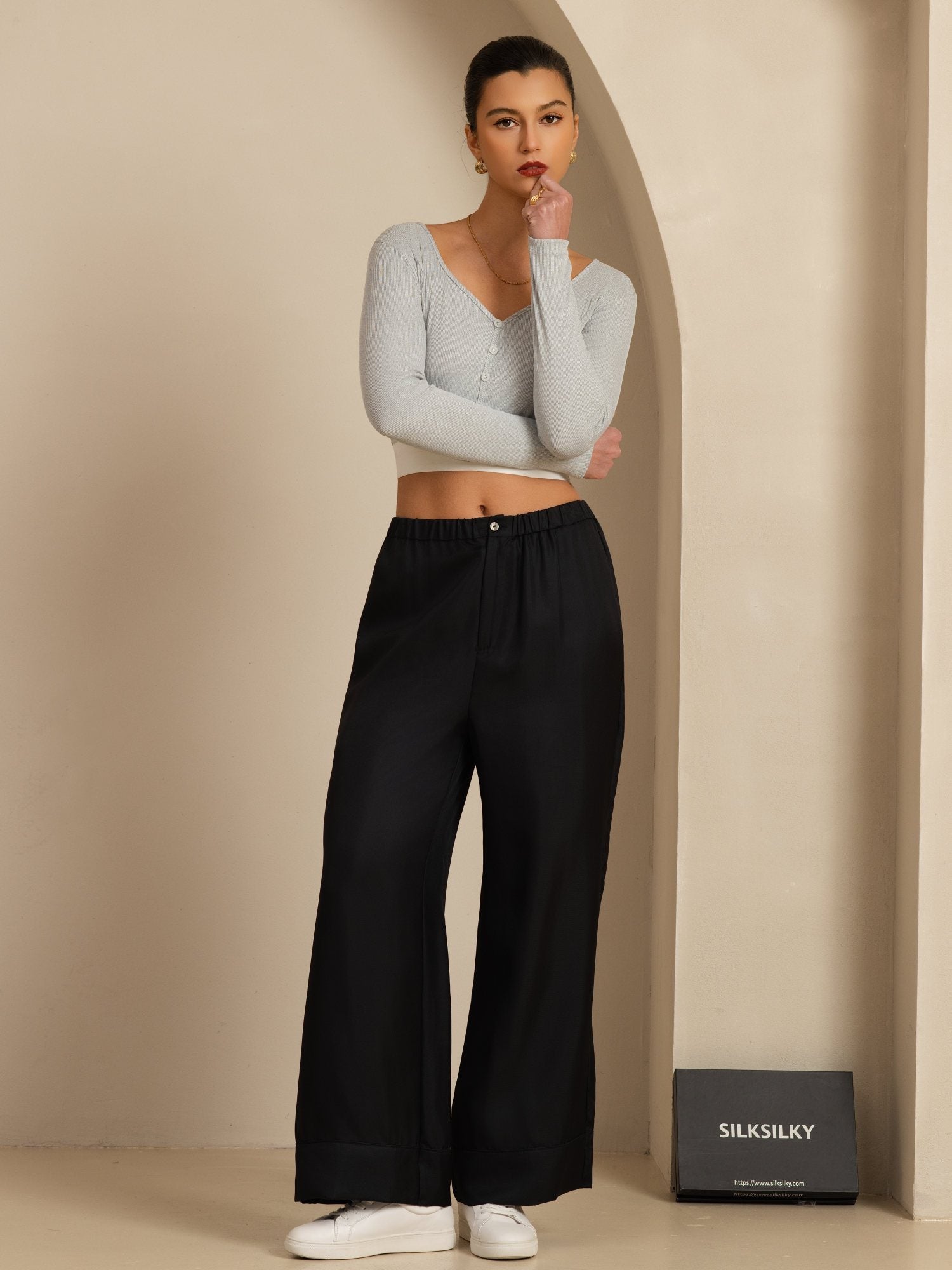 [Black] SilkSilky-UK 18Momme Silk Satin Surah Womens Pants 006