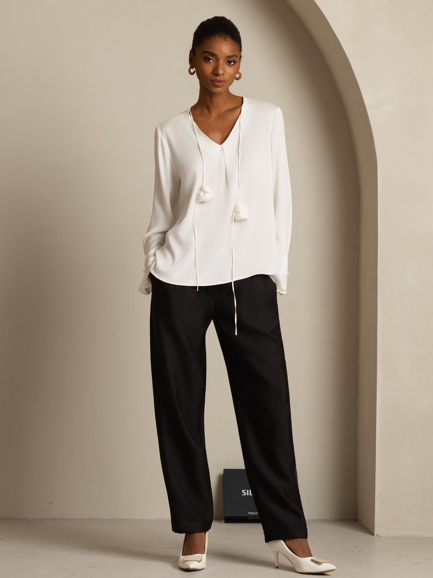 [White] SilkSilky-UK 19Momme Stretch Silk Double Georgette Long Sleeve V Neck Blouse 008