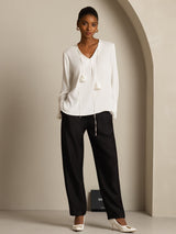 [White] SilkSilky-UK Long Sleeve V Neck Women's Blouse 008