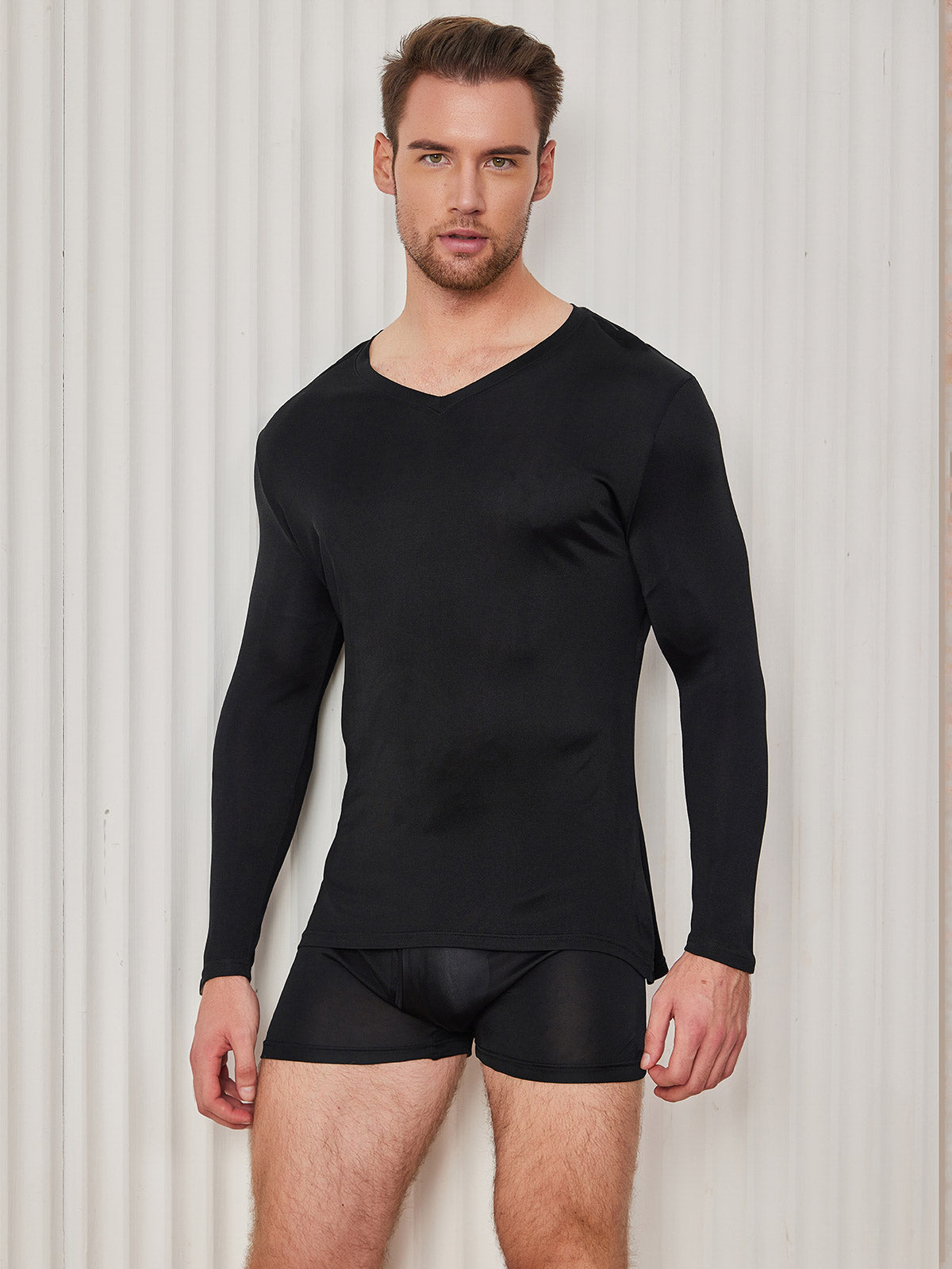 SilkSilky UK Silk Knitted Long Sleeve V Neck Men's T Shirt Black 003