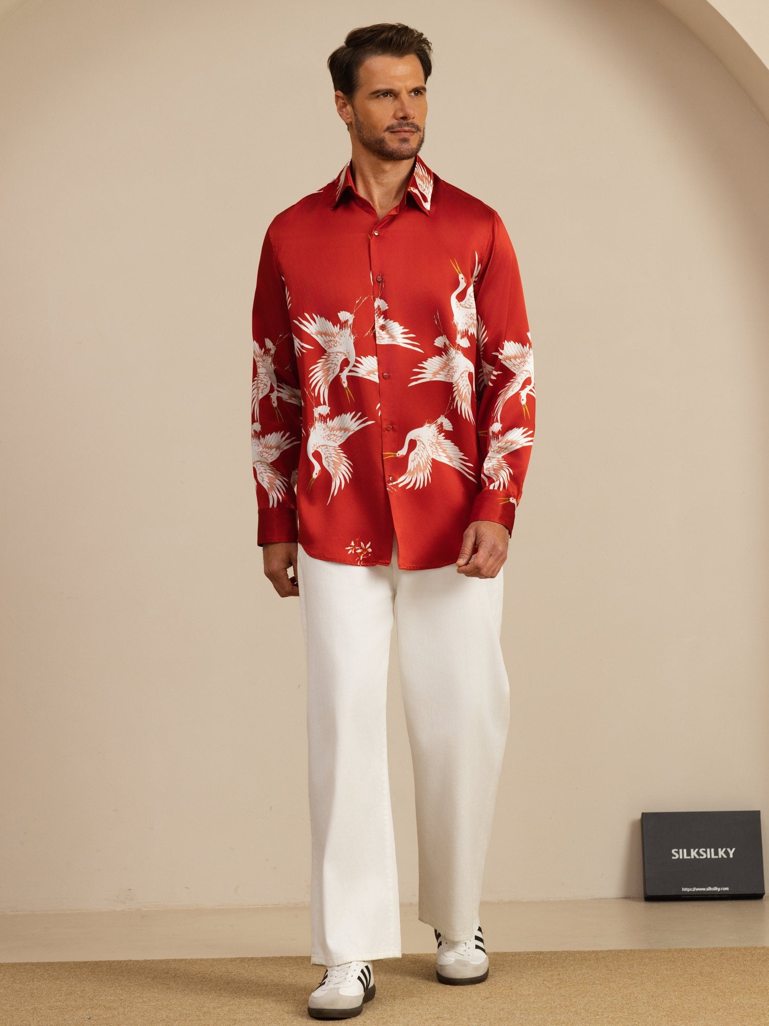 [Wine] SilkSilky-UK 19Momme Long Sleeve Lapel Collar Men's Shirt 007