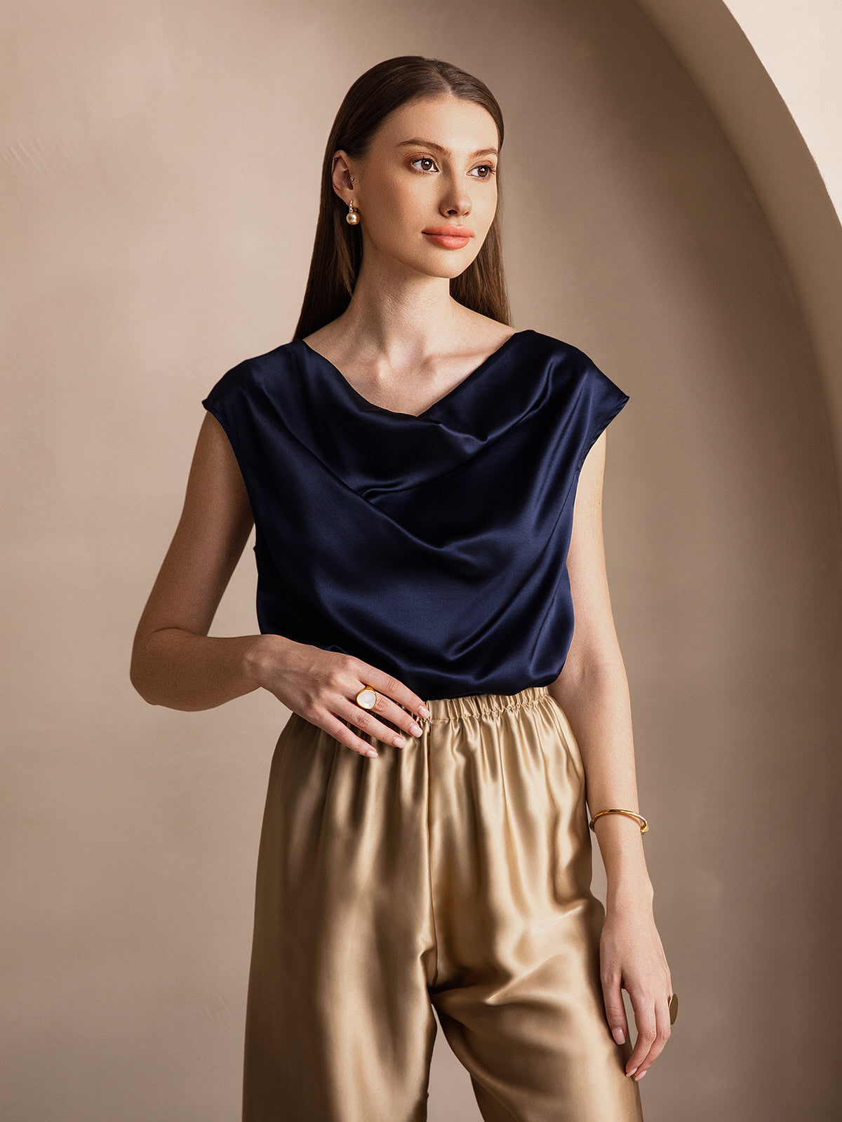 [Dark Blue] SilkSilky-UK 19Momme Silk Cap Sleeve Cowl Neck Women's T-Shirt 004