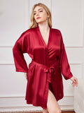 SilkSilky-UK Pure Silk Long Sleeve V Neck Plus Size Dressing Gown Wine 003