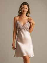 [Pink] SilkSilky-UK Spaghetti Strap Deep V Neck Nightdress 008