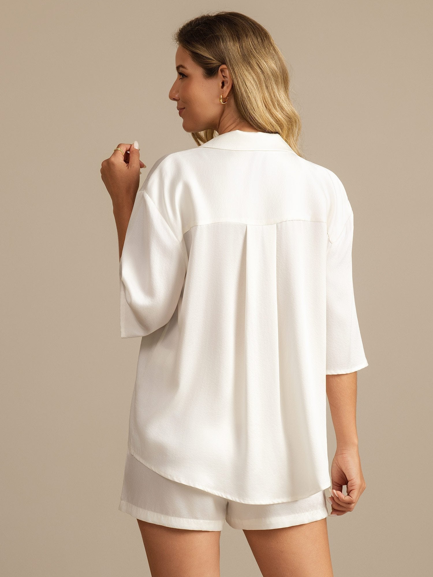 [White] SilkSilky-UK 19Momme Machine-Washable Silk Half Sleeve Notch Collar Women's Pyjamas 002