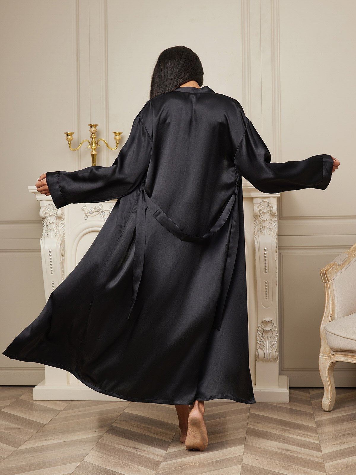 SilkSilky-UK Pure Silk Long Sleeve Womens Robe Black 002