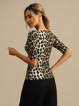 [Leopard] SilkSilky-UK 100% Silk Jersey Half Sleeve Scoop Neck Women's T-Shirt 002