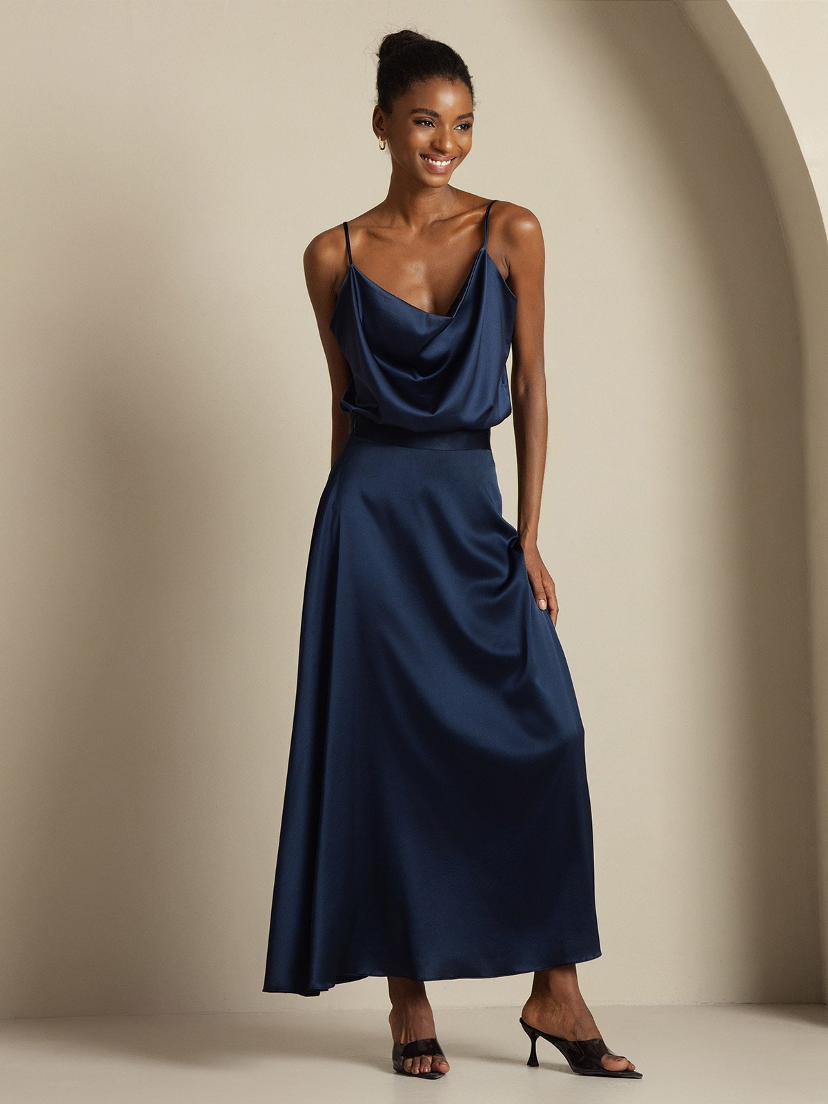 [Dark Blue] SilkSilky-UK 19Momme Silk Knitted Cowl Neck Women''s Outfit Sets 006,