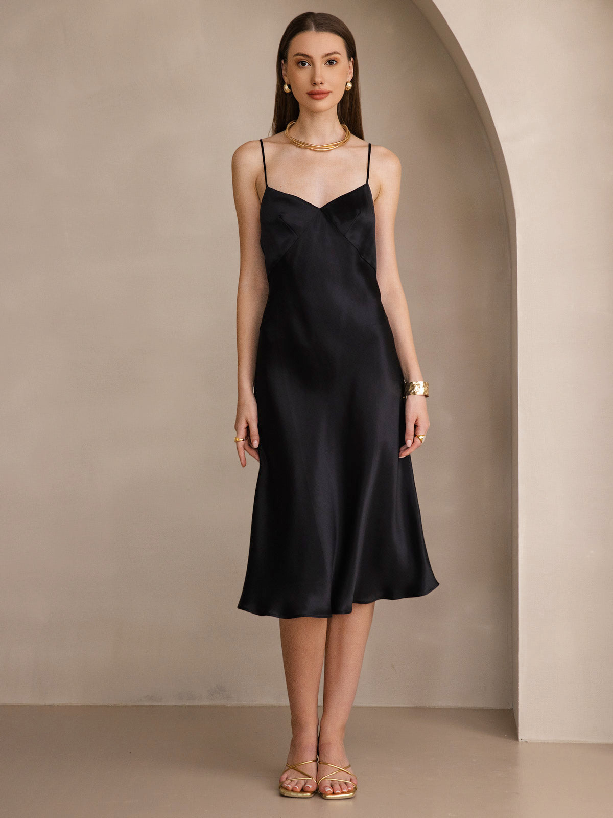 [Black] SilkSilky-UK 19Momme Pure Silk V Neck Dress 004