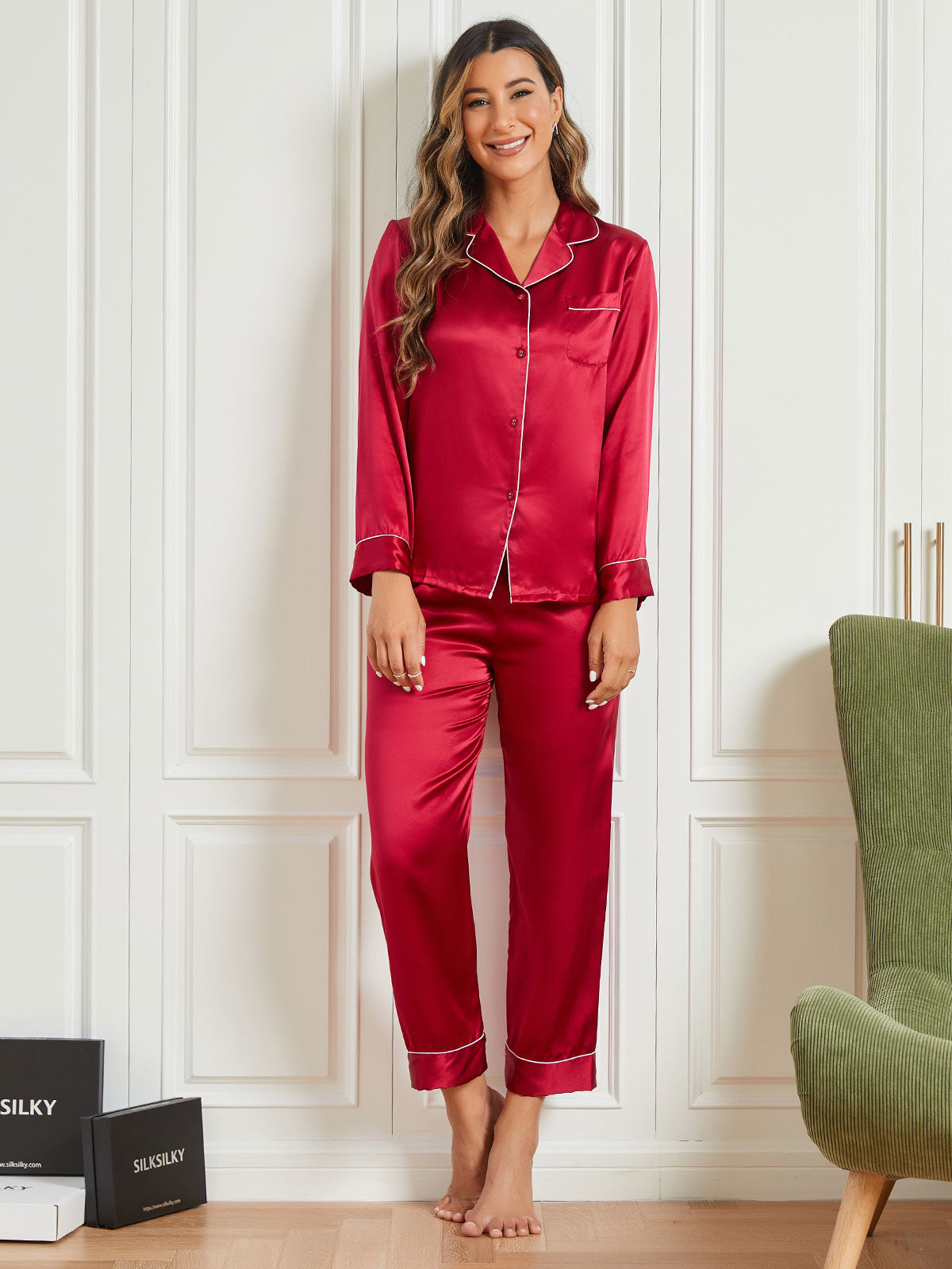 SilkSilky UK Pure Silk Long Sleeve Lapel Women's Pyjamas DarkRed 004