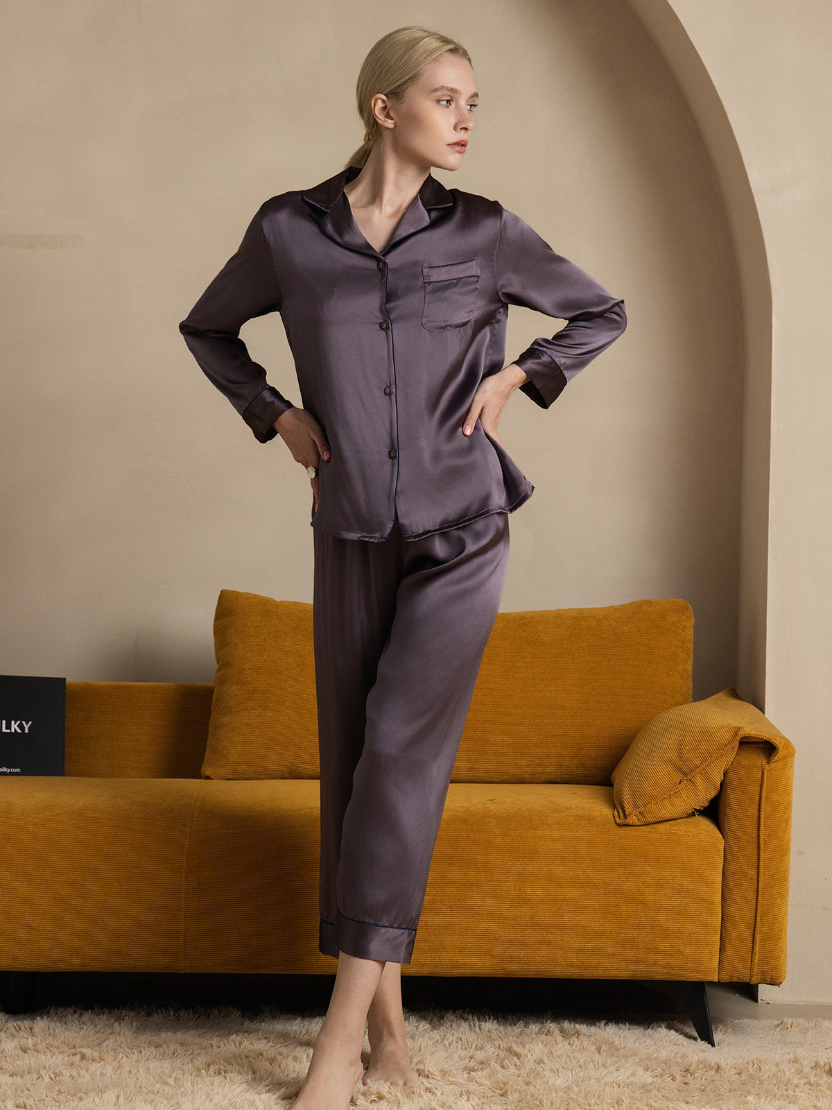 SilkSilky-UK Pure Silk Long Sleeve Lapel Women's Pyjamas PurpleGray 001