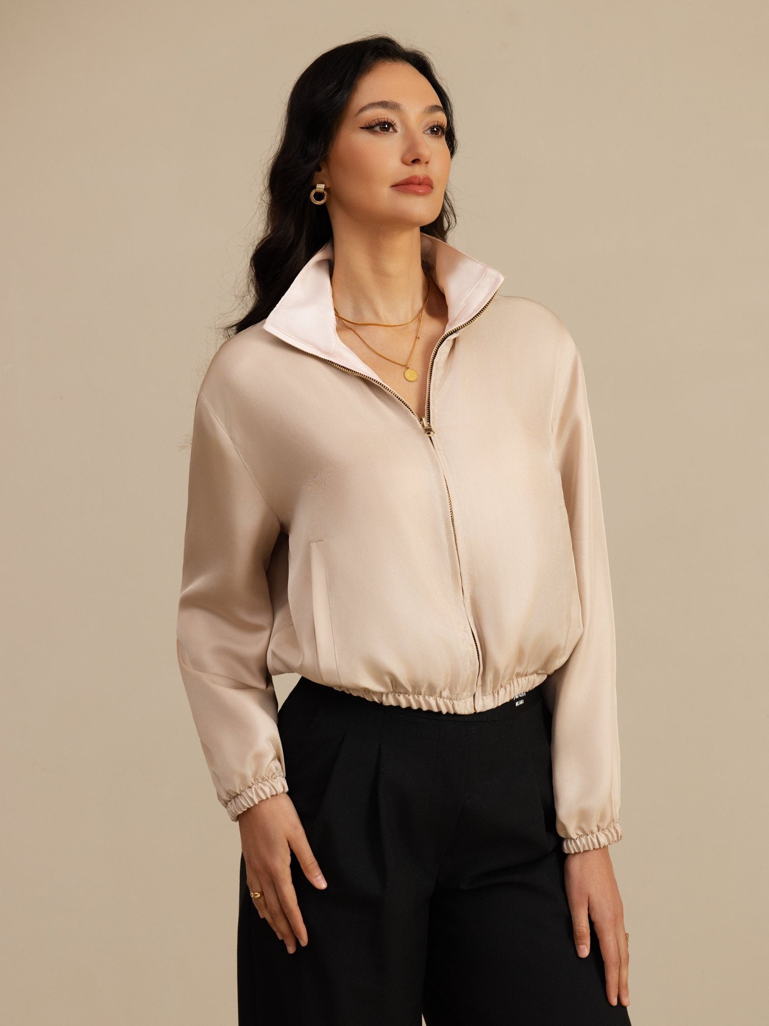 [Tan+Pink] SilkSilky-UK 18Momme Silk Satin Surah Long Sleeve Stand Collar Women's Outerwear 003