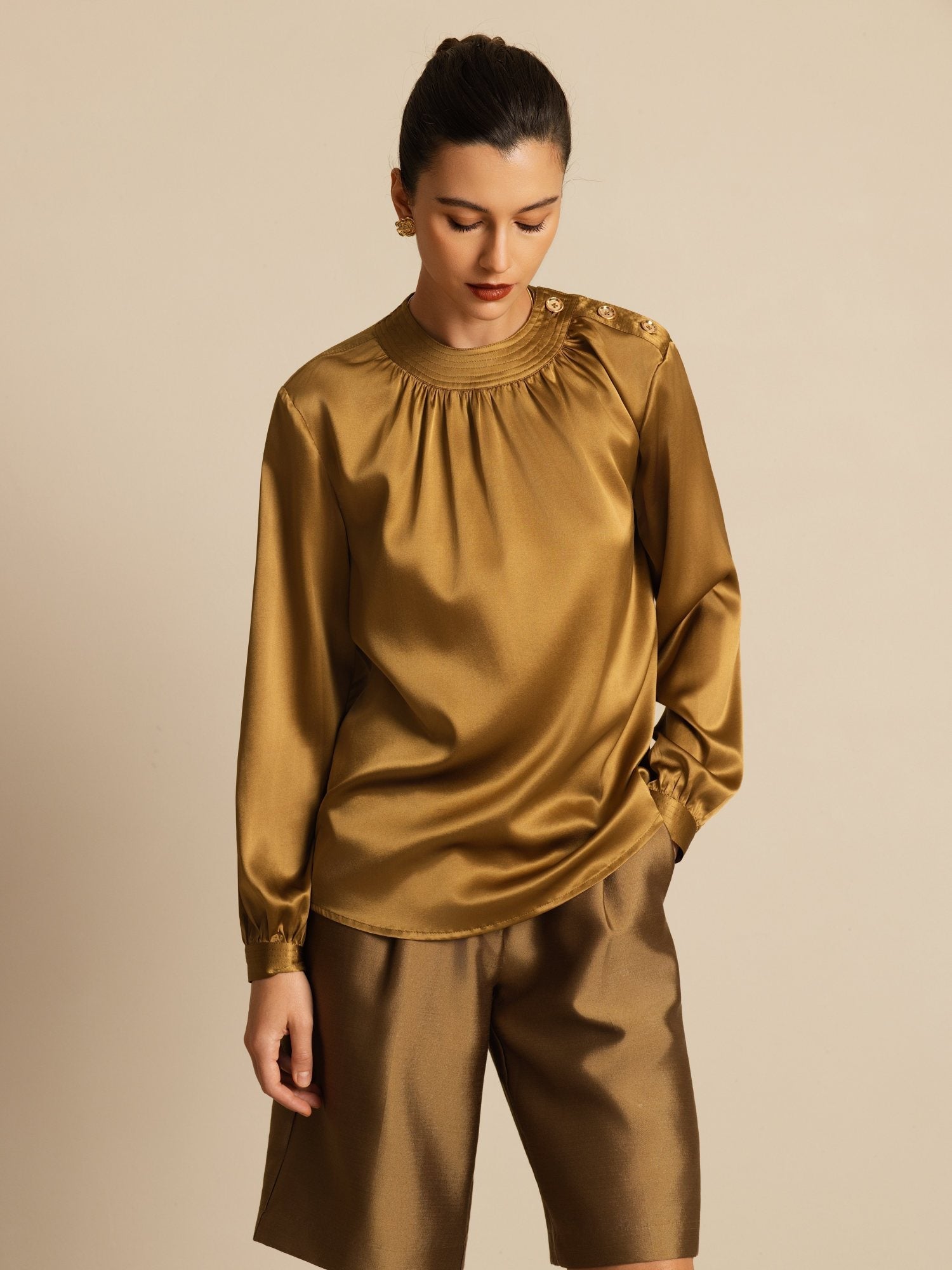 [Bronze] SilkSilky-UK 19Momme Silk Long Sleeve Round Neck Blouse 003