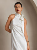 SilkSilky UK 19Momme Silk Sleeveless Tie Neck Dress White 003