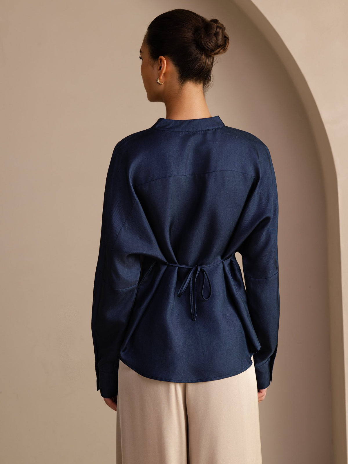 [Dark Blue] SilkSilky-UK Long Sleeve Split Women's Blouse 002