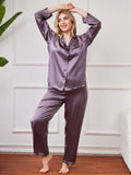 SilkSilky UK Pure Silk Long Sleeve Lapel Plus Size Pyjamas PurpleGray 004