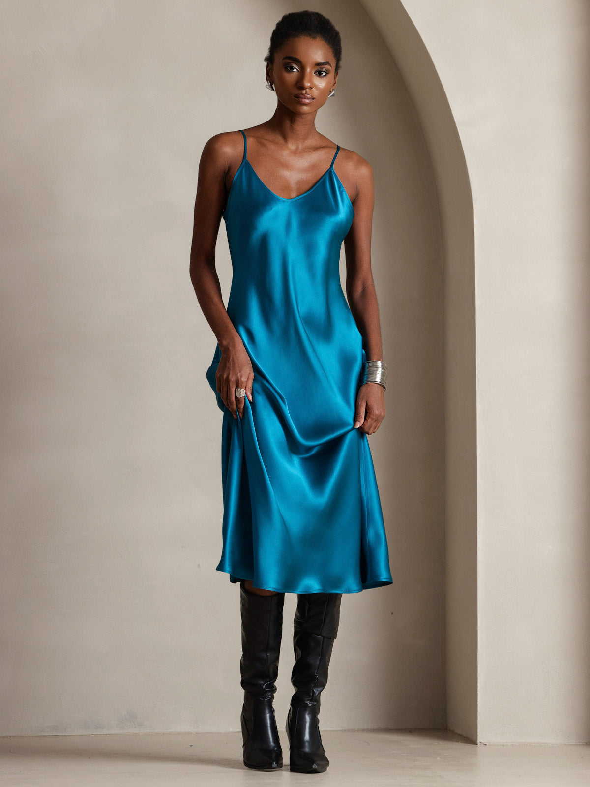 [Teal] SilkSilky-UK Spaghetti Strap V Neck Dress 004