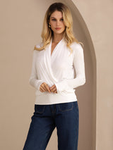 [White] SilkSilky-UK Long Sleeve Wrap Women's Blouse 004
