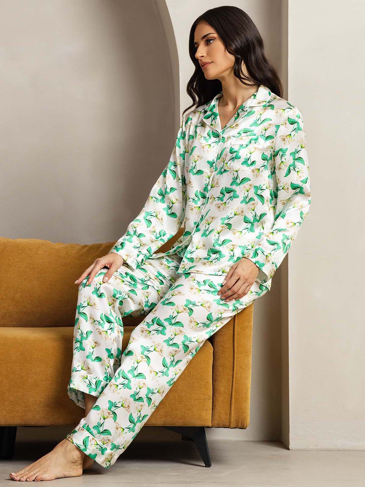 [Green Floral] SilkSilky-UK Pure Silk Womens Pajamas 004