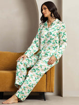 [Green Floral] SilkSilky-UK Pure Silk Notch Collar Women's Pyjamas 005,