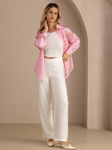 [Pink Pinstripe] SilkSilky-UK Long Sleeve Lapel Collar Women's Shirt 007