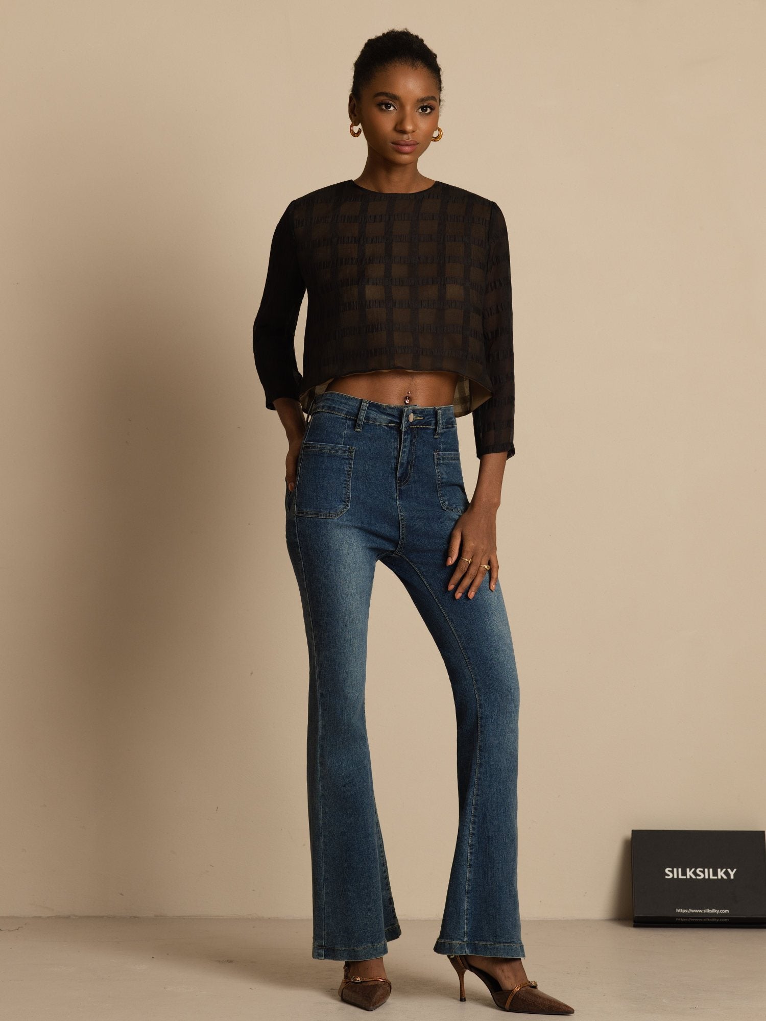 [Black] SilkSilky-UK Pure Silk Long Sleeve Round Neck Blouse 006