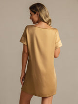 [Tan] SilkSilky-UK 19Momme Machine-Washable Silk Short Sleeve Round Neck Nightdress 002