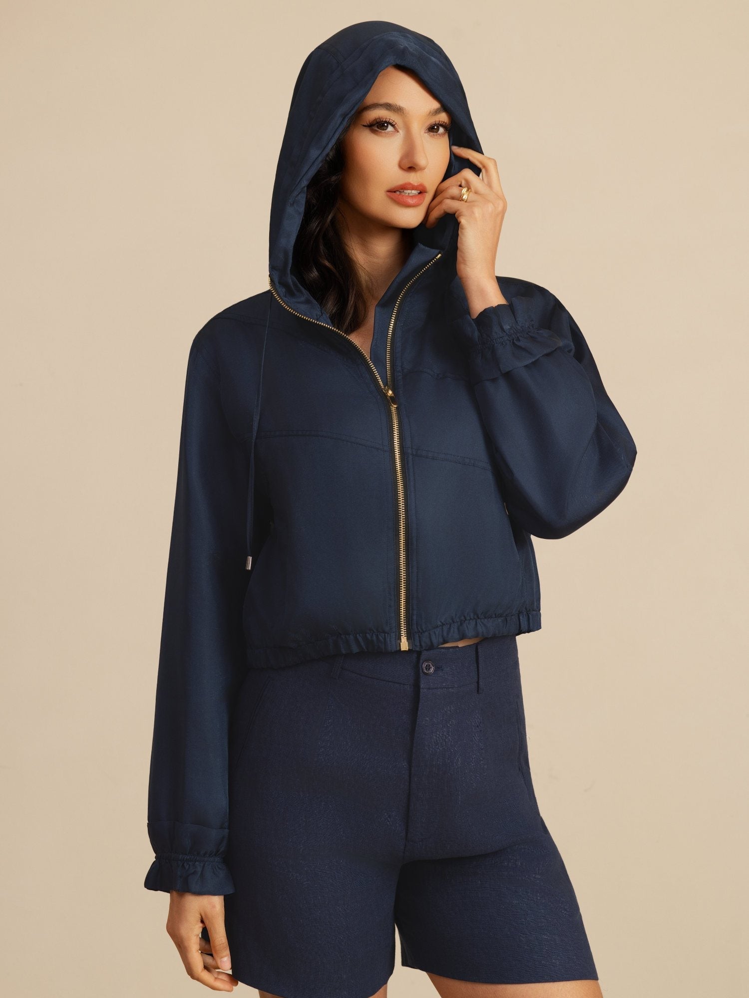 [DarkBlue] SilkSilky-UK 18Momme Silk Satin Surah Long Sleeve High Neck Women's Outerwear 005