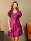 SilkSilky UK Pure Silk Short Sleeve V Neck Nightdress Wine 003