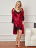 SilkSilky UK Pure Silk 3/4 Sleeve Nightgown&Robe Set DarkRed 005